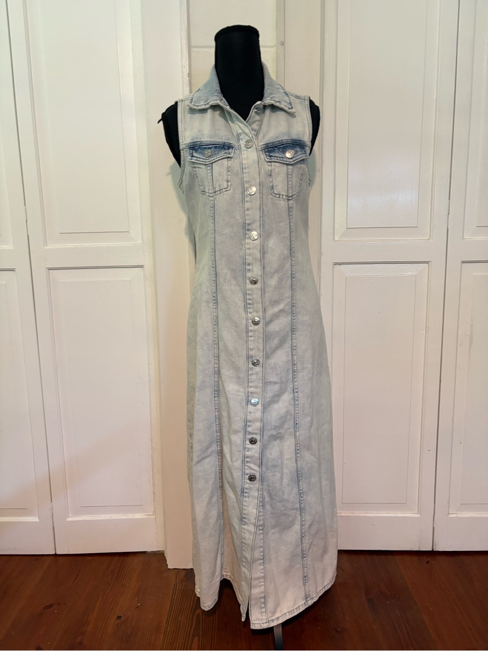 DKNY Light Wash Sleeveless Denim Maxi Shirt Dress